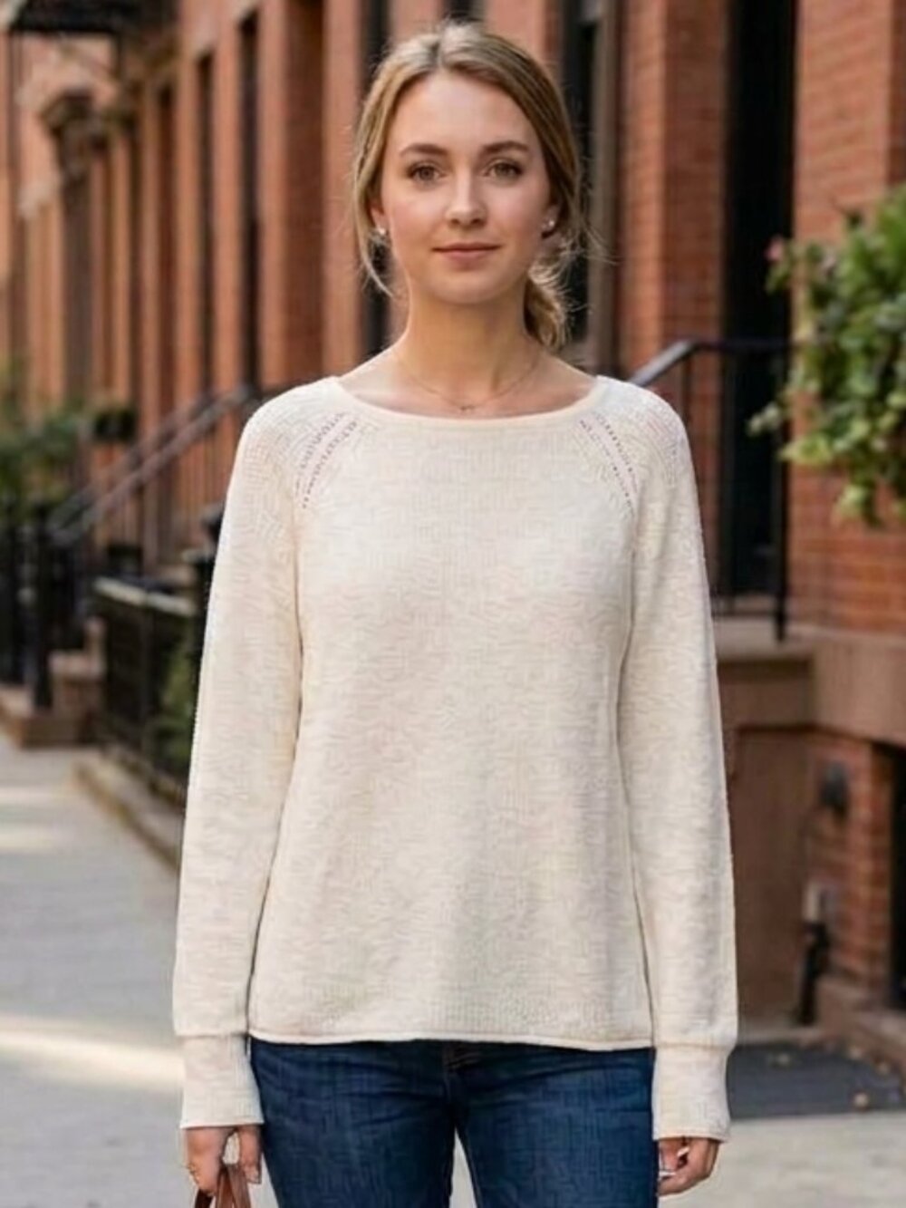LoveBug Boutique Cream Open Knit Sweater Boatneck Lightweight Pullover Size L